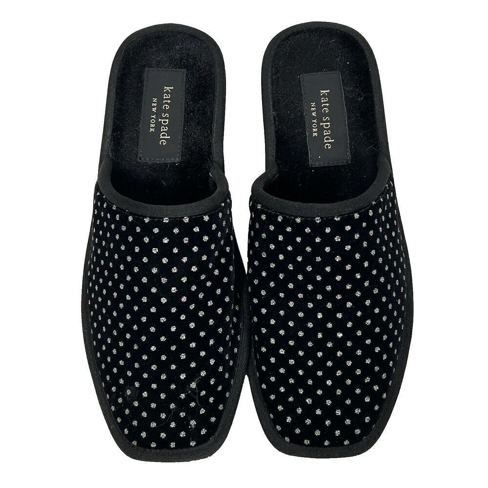 Kate Spade Dove Slippers Size 10.5 11 ? Black Velvet Silver Glitter Dots Slip On